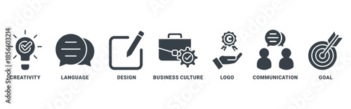 Corporate identity icon set vector concept with icon of creativity, language, design, business culture, logo, communication, goals 