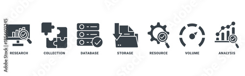 Big data icon set vector concept with icon of research, collection, database, storage, resources, volume and analysis 