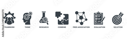 Brainstorming icon set vector concept with icon of teamwork, think, research, combine, free association, evaluation, solution 