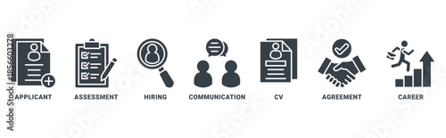 job interview icon set vector concept with icon of applicant, assessment, hiring, communication, cv, agreement, career 