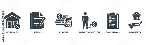 Refinance icon set vector concept with icon of mortgage, terms, budget, debt obligation, conditions and property 