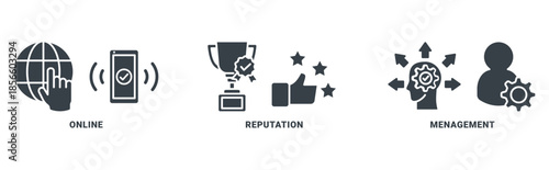 ORM icon set vector concept with icon of online reputation management with icon of internet, browser, winner, trust, favorite, and business 