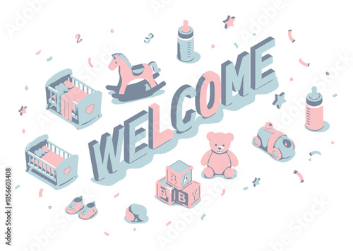 Baby Shower Welcome Isometric 3D Vector Illustration. Modern, Clean Style for Invitations & Decorations.