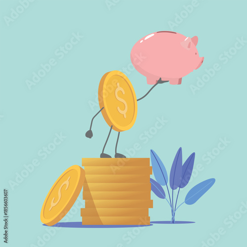 Illustration of the concept of financial growth, profit, profitable investment, wealth, saving money, and a piggy bank. Vector flat graphics, gold dollar coins, world currency, finance