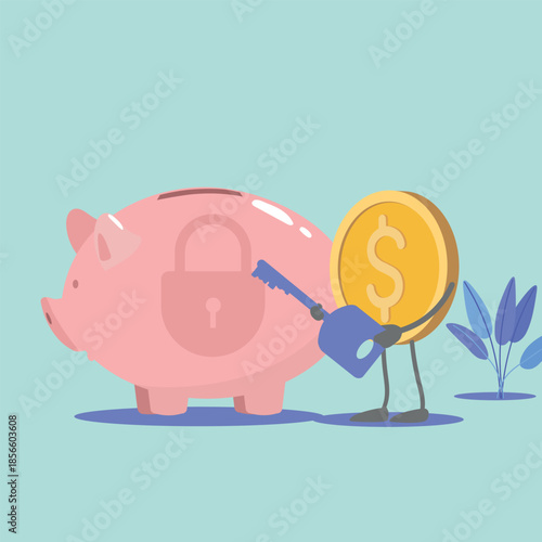 Locked money, piggy bank, secure money storage, reliable investment, financial wallet password, passive income. Gold coins, dollar, key password, savings protection, reliable bank, wealth