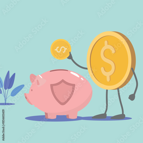 Piggy bank, money accumulation, financial security, reliable financial protection, wealth, safe investments. Financial planning, investing, flat-style gold coins, reliable bank