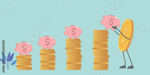 Financial growth, economic planning concept, illustration of investing and profit. Vector graphics of flat, gold coins, dollar, piggy bank, income generation, financial well-being, deposit