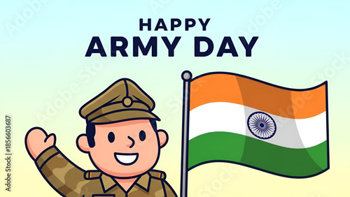 Army Day celebration cartoon soldier holding Indian flag representing patriotism Republic Day Independence Day Martyrs Day Shahid Divas national pride