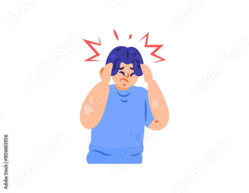 Illustration of a man experiencing a headache. Head feels like it's been hit and is throbbing. Expression and gesture. Health and illness issues. Ache concept. flat style people character design