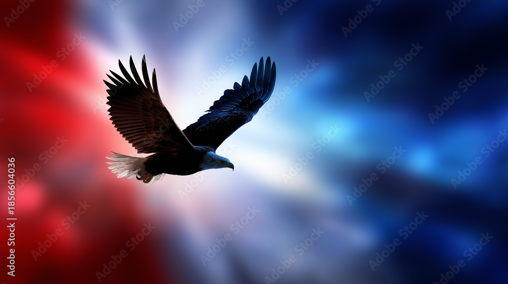Fototapeta premium Minimalist faceless eagle silhouette soaring through red white and blue sky, soft gradients, calm patriotic symbolism, intentionally defocused background, with copy space