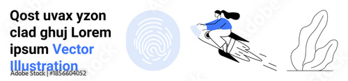 Technology, innovation, speed, identity, growth, creativity. Woman riding a rocket, digital fingerprint for security and abstract plant. Technology and innovation conveyed visually