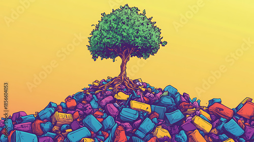 Wallpaper Mural recycling and nature themes: photos of trees sprouting from waste, Earth held above trash, and green initiatives with ample blank spaces for environmental messages. Torontodigital.ca