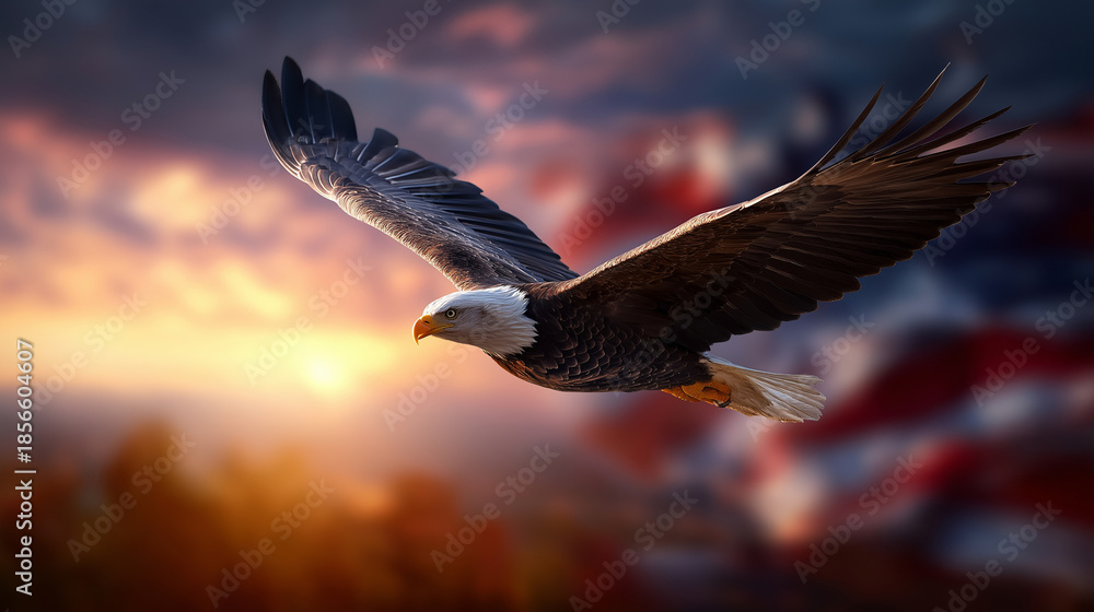 Fototapeta premium Faceless eagle soaring through bright sky, flowing American flag colors softly defocused behind, symbolic independence concept, advertising-ready composition, with copy space