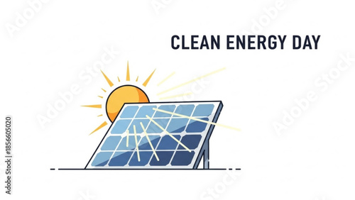 Clean energy day solar panel illustration with sun rays on white background