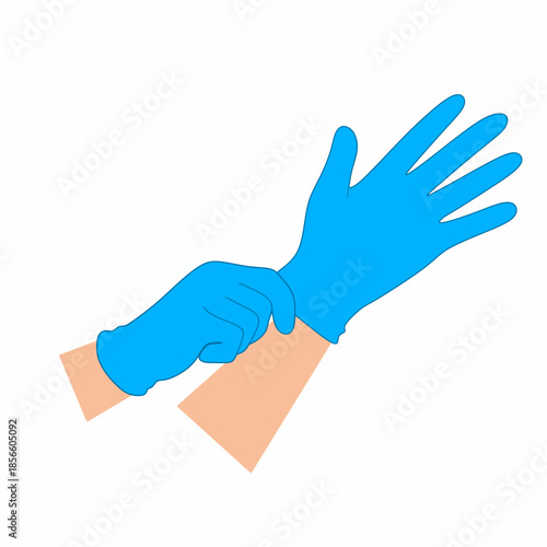 hand puts on blue disposable medical gloves. Infection control concept.