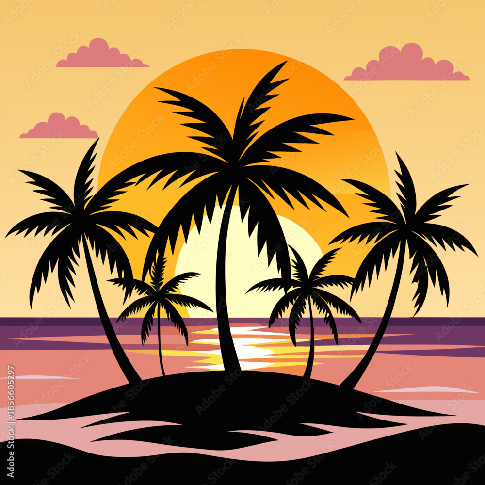 Fototapeta premium Tropical Island Sunset with Palm Trees Vector Illustration