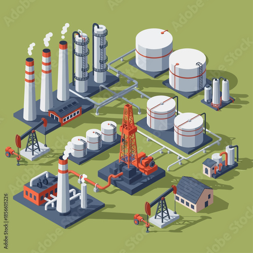 Isometric illustration of an oil and gas industry complex with drilling rigs, pumps, storage tanks, and refinery buildings.