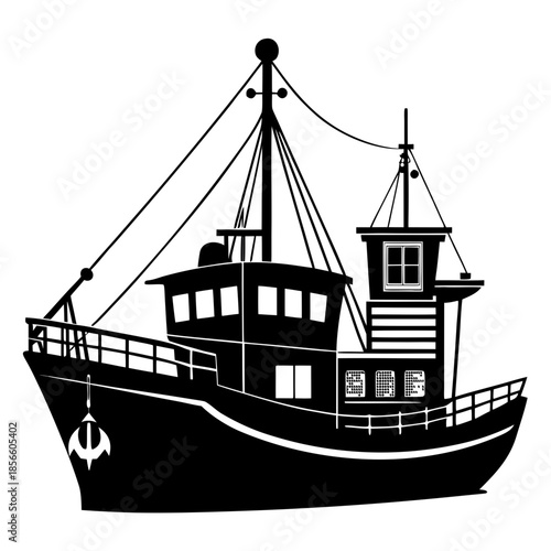 Fishing Trawler Boat Side View Silhouette Illustration