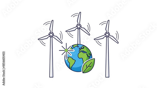 Renewable energy concept with wind turbines and earth illustration