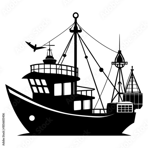 Industrial Fishing Ship Silhouette with Crane Isolated