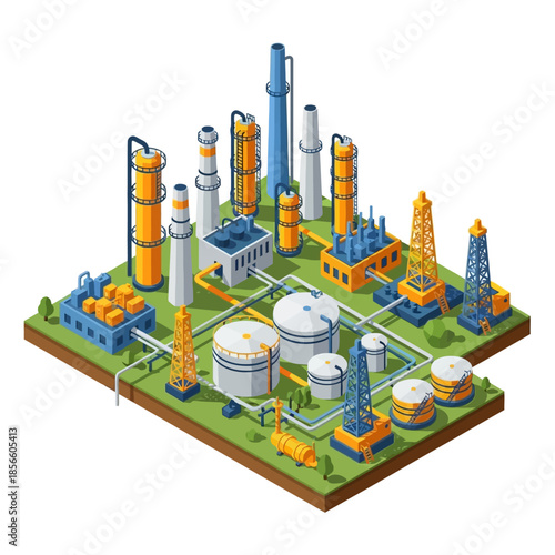 Isometric industrial complex with oil refinery and chemical plant structures, pipelines, and storage tanks.