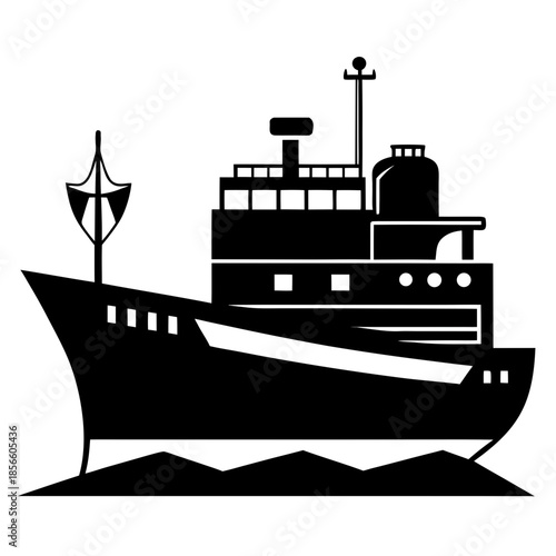 Cargo Ship Side View Silhouette Isolated on White