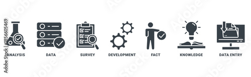 Research icon set vector concept with icon of analysis, data, survey, development, fact, knowledge and data entry 