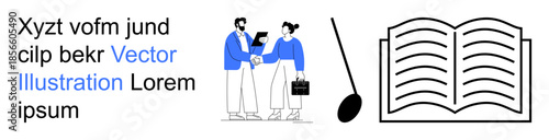 Business communication, professional services, teamwork, education, digital technology, corporate collaboration. Two professionals interacting alongside an open book. Business communication