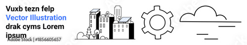 Cityscape with tall buildings, gear representing technology, and cloud for connectivity. Ideal for urban development, technology, sustainability, innovation, smart cities, environmental projects