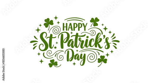 Happy St. Patrick's Day Green Shamrock Illustration with Swirls and Stars