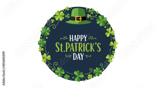 Happy St. Patrick's Day green shamrock wreath with leprechaun hat and swirling accents