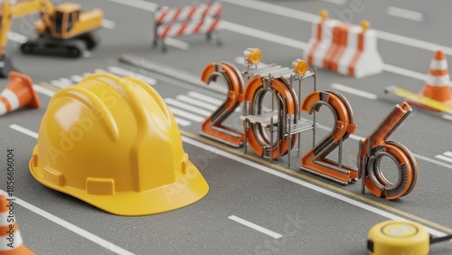 3D 2026 New Year design template with yellow protective helmet and grey asphalt background