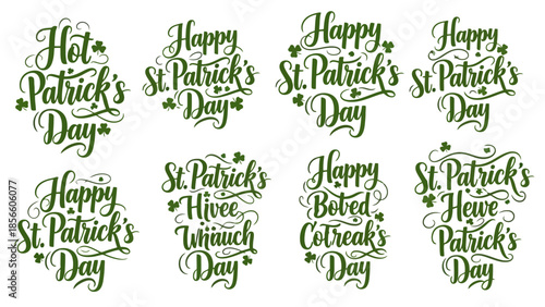 Collection of Happy St. Patrick's Day Calligraphy Sayings with Shamrocks and Clover