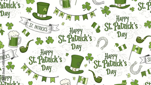 Happy St. Patrick's Day seamless pattern with shamrocks, hats, and beer mugs