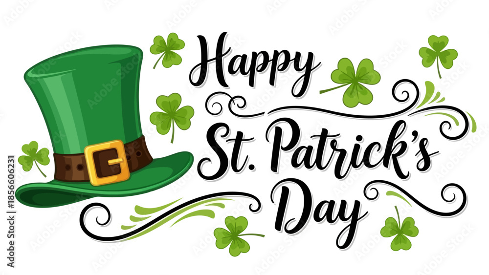 Obraz premium Happy St. Patrick's Day greeting with green leprechaun hat and shamrocks