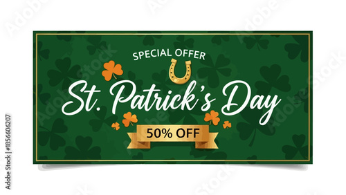 St. Patrick's Day Special Offer 50% Off Festive Green Background with Shamrocks