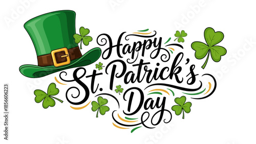 Happy St. Patrick's Day Decorative Text with Leprechaun Hat and Shamrocks