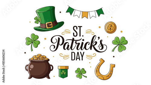 St. Patrick's Day festive illustration with shamrocks, leprechaun hat, pot of gold and horseshoe