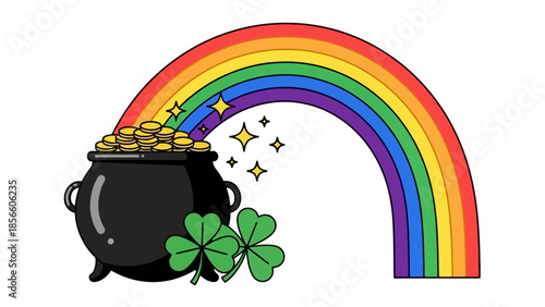 Pot of Gold with Rainbow and Shamrocks, St. Patrick's Day Celebration Concept