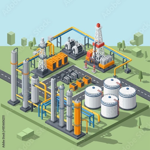 Isometric illustration of an oil and gas refinery or chemical plant with drilling rigs, storage tanks, and pipelines in a green landscape.
