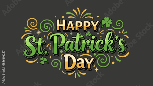 Happy St. Patrick's Day text with clover and festive decorations