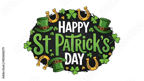 Happy St. Patrick's Day greeting with festive symbols and shamrocks