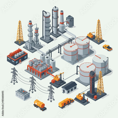 Isometric illustration of an oil and gas industrial complex with refinery, storage tanks, drilling rigs, and transport vehicles.