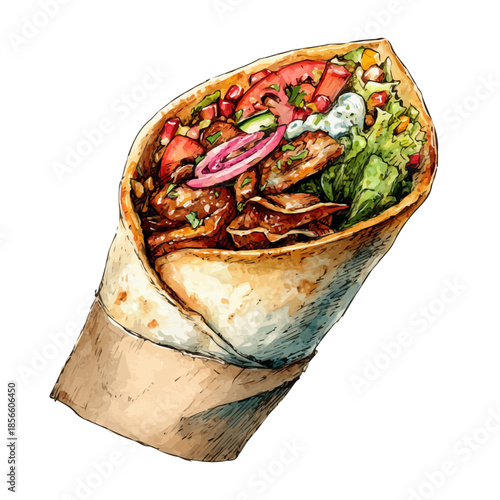 Beef Shawarma in watercolor painting style, vector illustration on white background.