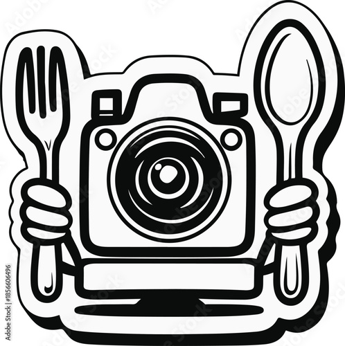 Culinary and Photography Fusion: An artistic representation of a camera, a spoon and a fork, symbolizing the fusion of food and photographic expression.