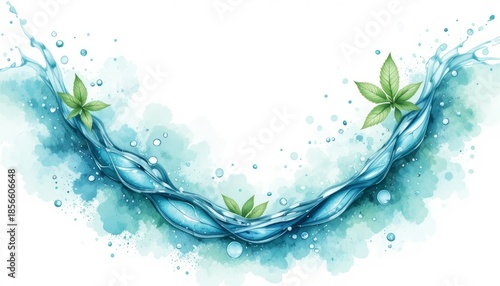 Freshness effect, blue water, air wind flow with green leaves. Glow waves and swirls, wand trails, fresh menthol breath or detergent isolated on white background, Realistic 3d vector illustration