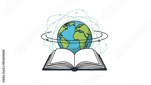 Open book with globe and orbiting lines symbolizing global knowledge and education
