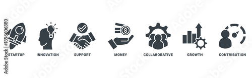 crowdfunding icon set vector concept with icon of startup, innovation, support, money, collaborative, growth, contribution 