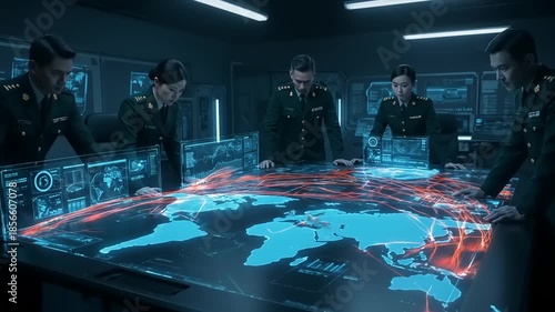 Military officers analyze global data on a futuristic interactive map in a dark command center, strategizing for national security and defense operations.