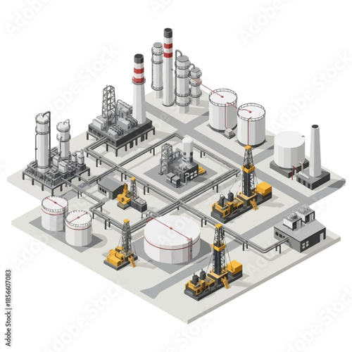 Isometric illustration of an extensive oil and gas industry complex with drilling rigs, refineries, and storage tanks connected by pipelines.
